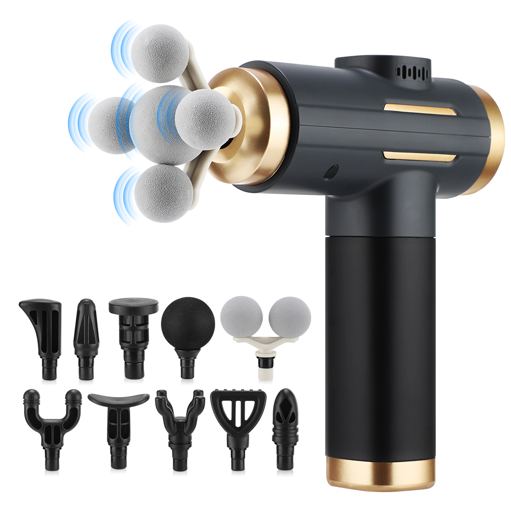 Massage Gun - 11種類の機能が搭載された電動マッサージガン。99段階の強さ調整が可能で、強力な振動による筋膜リリース効果。高周波振動で全身、特に腕や脚の筋肉をマッサージ。