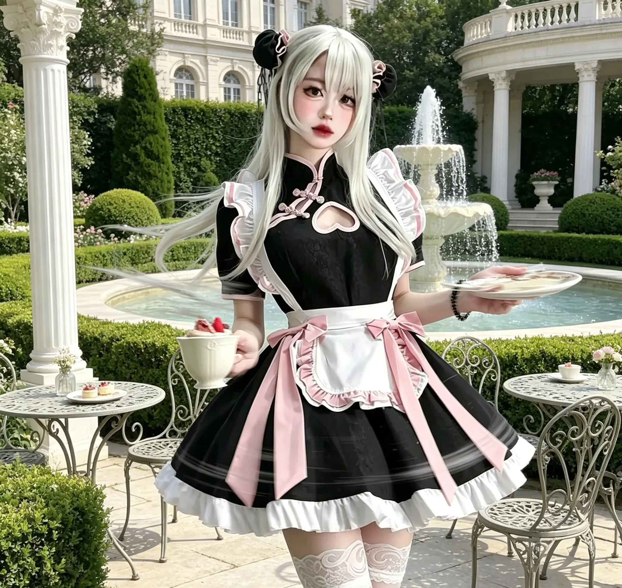 新しいスイートロリータメイドのコスプレ衣装。黒とピンクのドレ - Bathrobe のレビューと価格