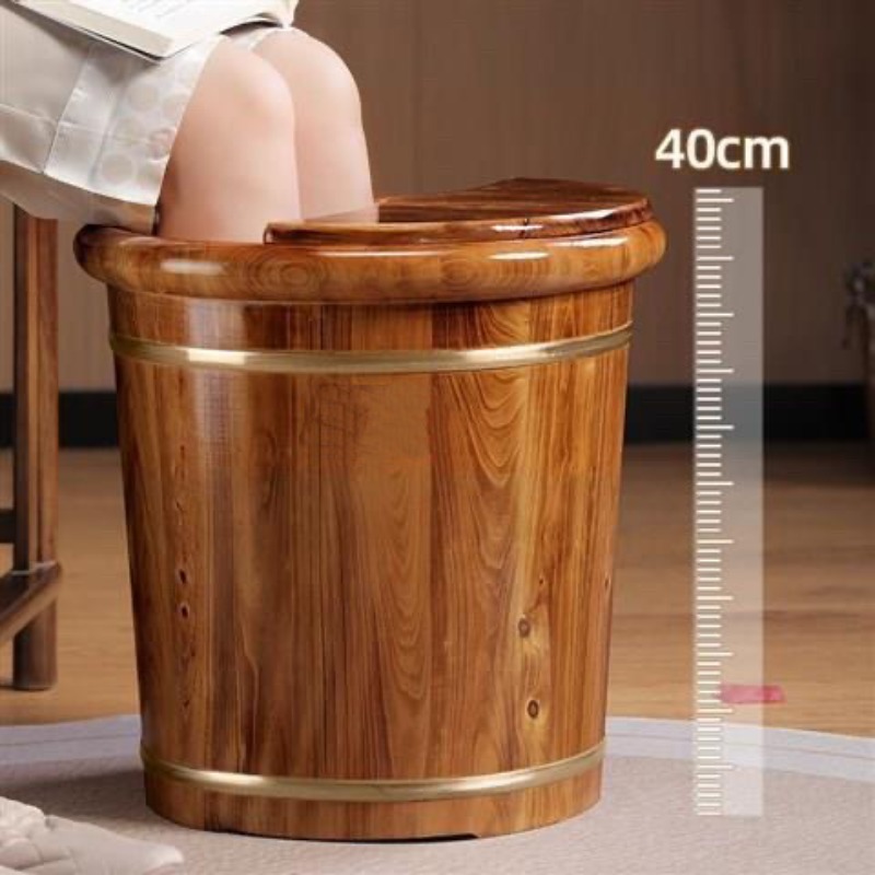 木製足浸しバケツ、無垢材のふくらはぎまで浸る足湯浴槽、蓋付き - Foot Spa のレビューと価格
